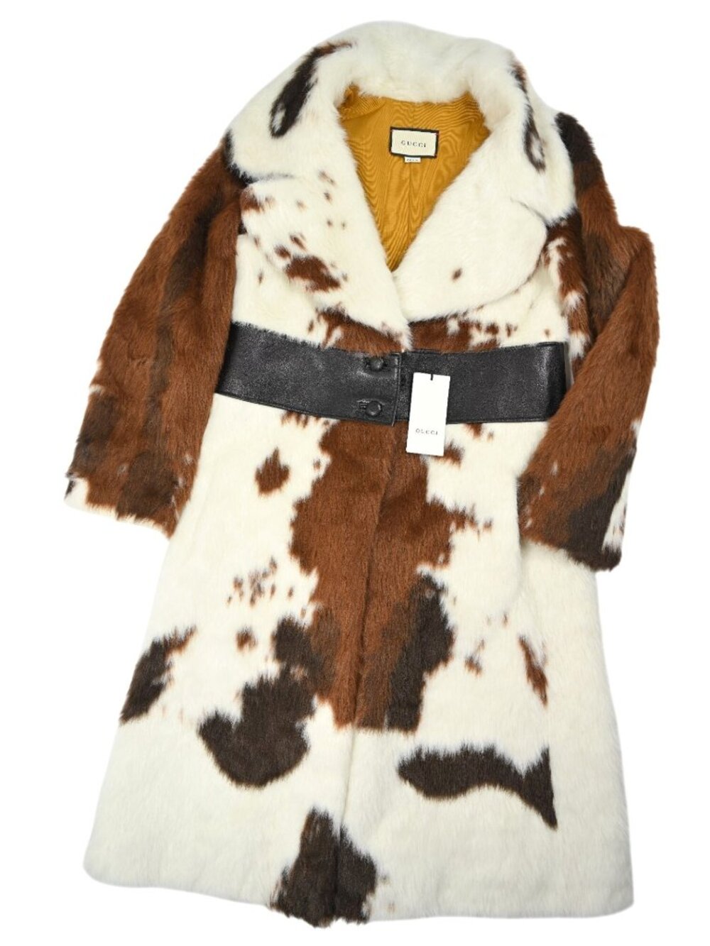 Gucci Spring Summer 2020 Cow Print Faux Fur Trench Coat in White/Brown